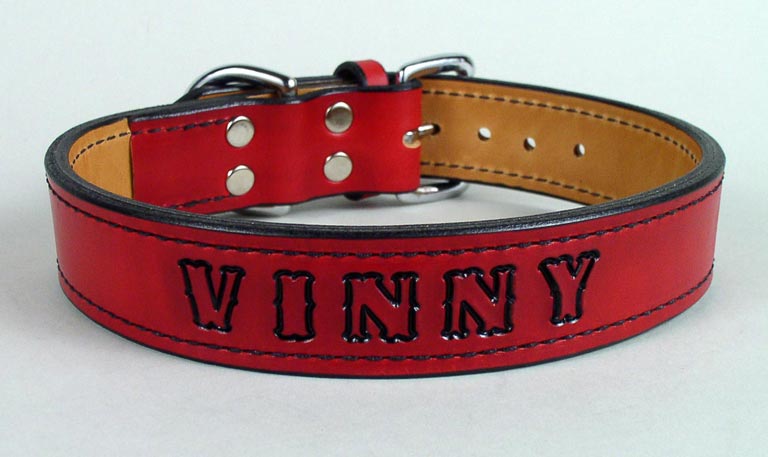 Red personalized leather dog collar.